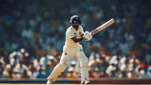 Focused cricket batsman ready to drive under stadium lights.