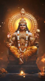 Seated golden deity sculpture with halo and ritual elements.