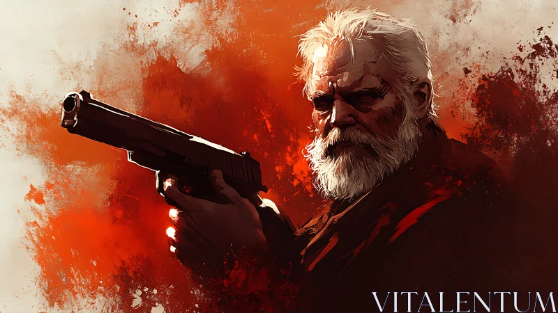 Veteran gunman portrait in red splatter digital painting.