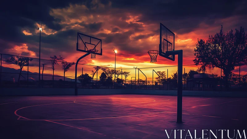 Silent outdoor basketball court glows beneath a burning sunset