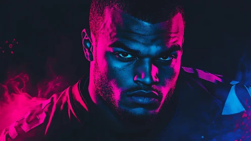 Intense athlete portrait under neon magenta blue lighting.