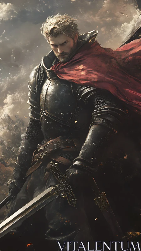 Battle-worn knight stands in dark armor with red cloak.