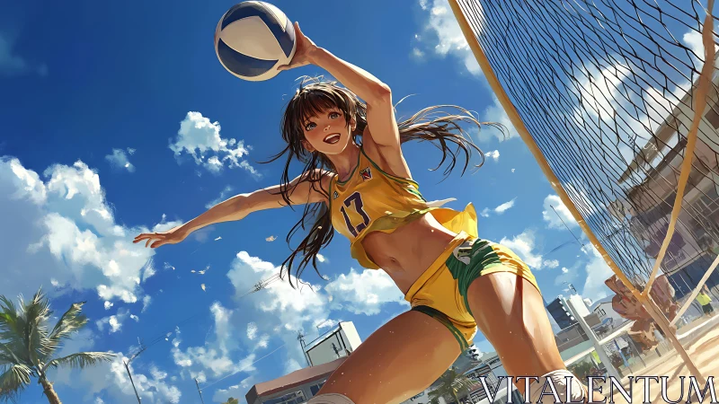 Beach volleyball player jumps to spike ball under blue sky.
