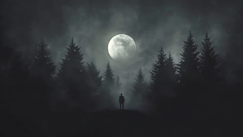 Silhouetted figure in forest clearing under full moonlight.