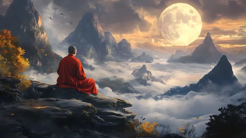 Solitary monk observes supermoon above mist-laden peaks
