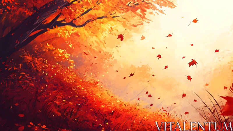 Crimson leaves whirl in a sunlit autumn ember forest dream.