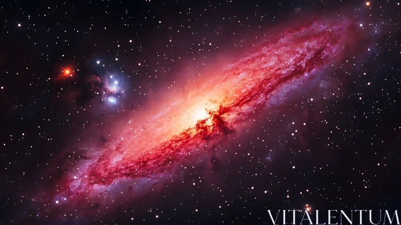 Bright spiral galaxy core glows in red star field space.