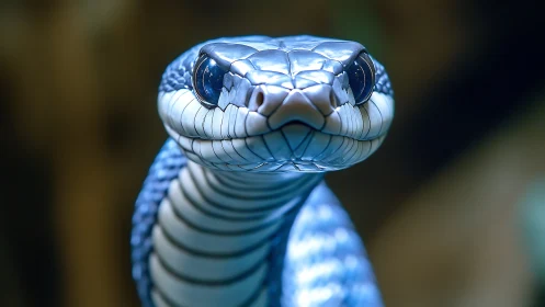 Gleaming blue snake portrait with curious, glassy gaze.