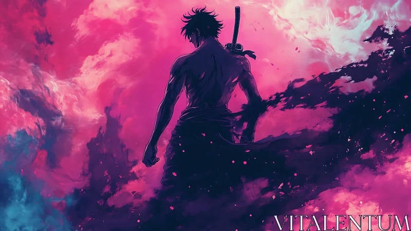 Lone anime swordsman in swirling pink and blue energy clouds.