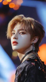 Androgynous idol portrait under neon bokeh lights.