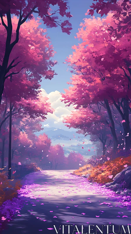 Digitally rendered forest path with luminescent foliage and atmospheric perspective