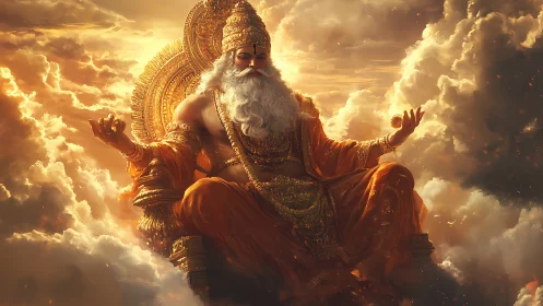 Golden celestial sage resting on a throne of glowing clouds.