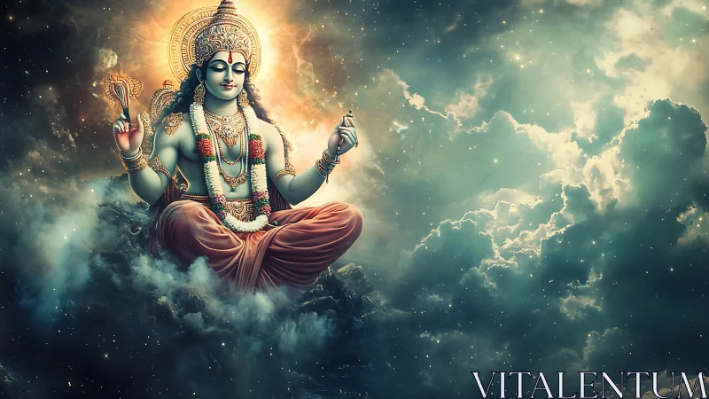Deity figure seated in lotus pose amid volumetric cosmic clouds