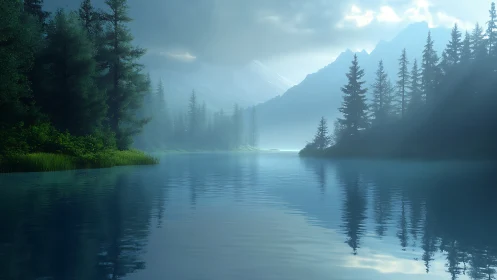 Morning mist braids light across a sapphire mountain lake