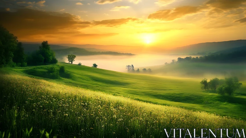 Sunlit mist over rolling green hills at sunrise.