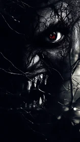 Sinister monster face with red eye and sharp fanged snarl.