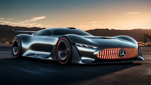 Futuristic Mercedes AMG hypercar with illuminated grille at dusk