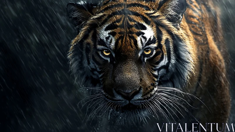 Rain-soaked tiger stalks the night with molten gold eyes.