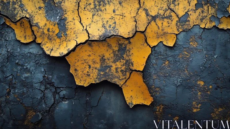 Cracked Yellow Paint on Dark Wall Texture, Grunge Abstract Art.