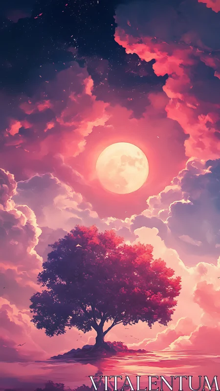 Solitary red tree beneath full moon in vivid sky.