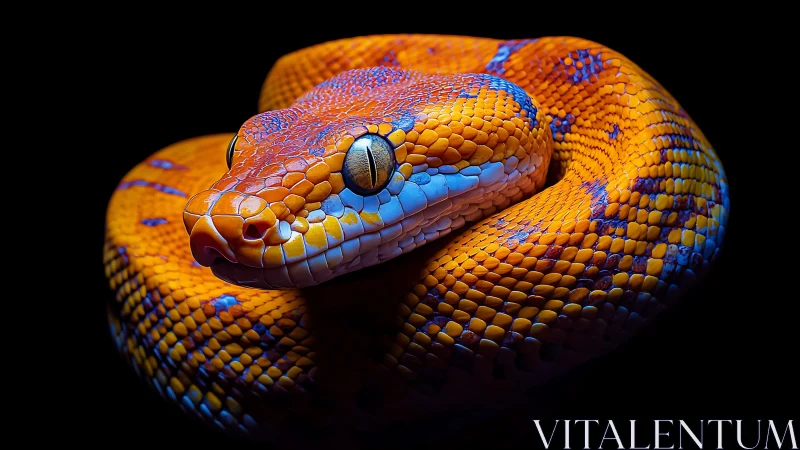 Iridescent coiled snake rendered in high-contrast photorealism