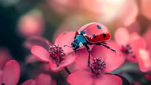 Ladybug on pink blossoms under soft blurred background.