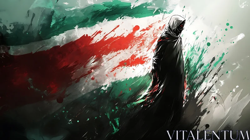 Hooded figure standing strong amid bold painted colors.