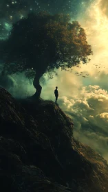 Stargazing dreamer beneath a glowing cliffside tree at dusk.