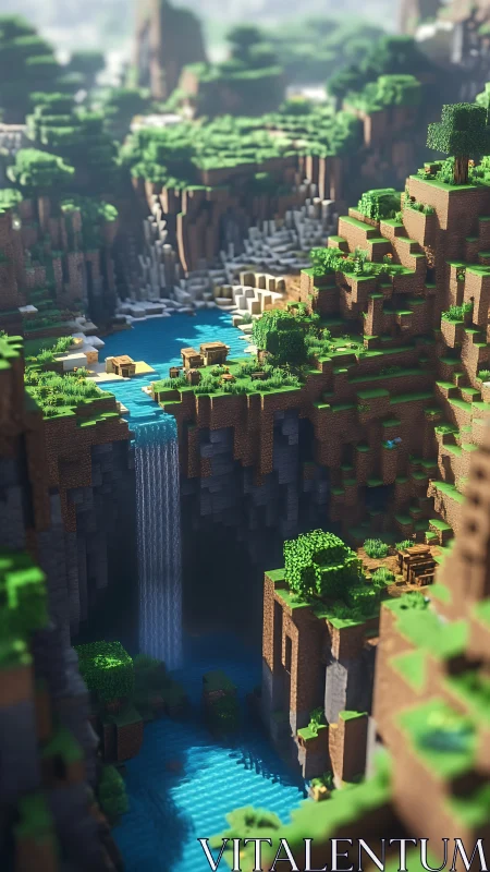 Voxel canyon waterfall with terraced riverine landscape design.