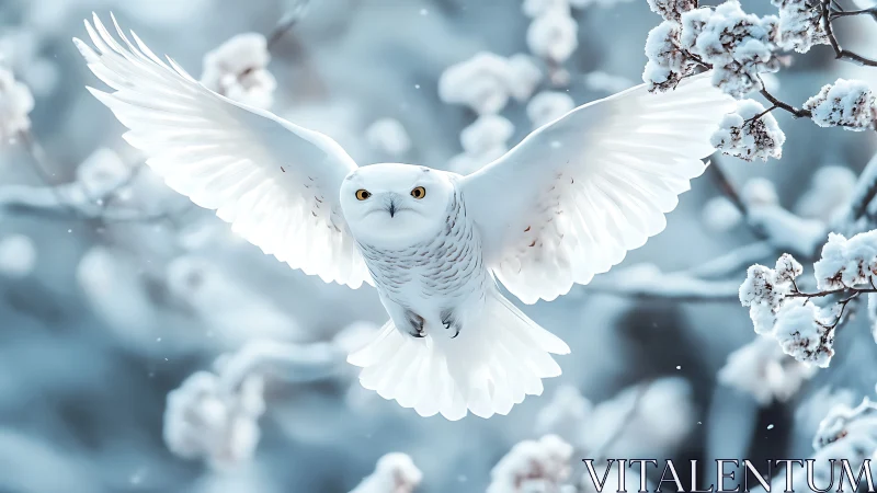 Snowy owl in flight over winter forest, high-detail wildlife photo.