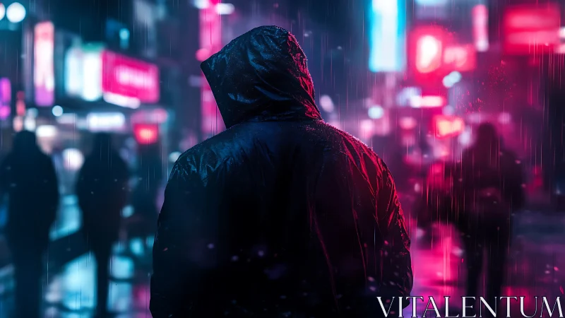 Hooded figure walks neon city street under cold rain.