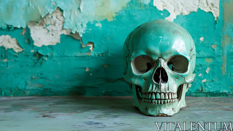 Photoreal still life of teal skull against distressed wall.