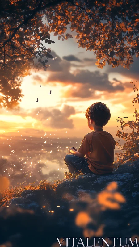 Young boy watching glowing sunset from forest cliff.