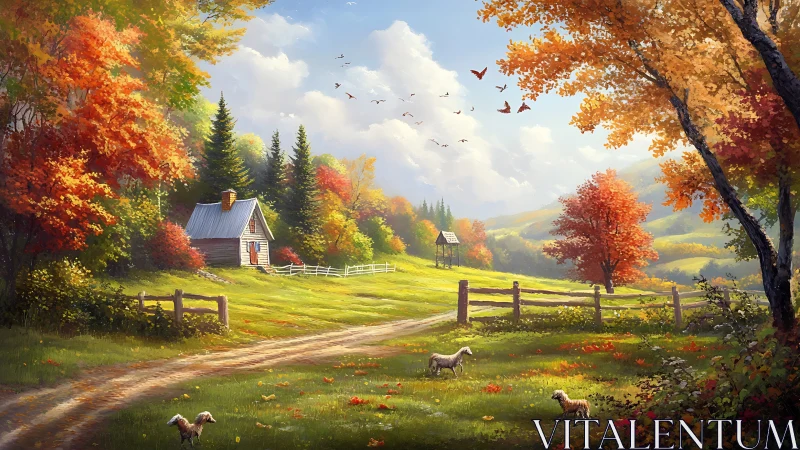 Idyllic autumn farmhouse landscape rendered as luminous digital art
