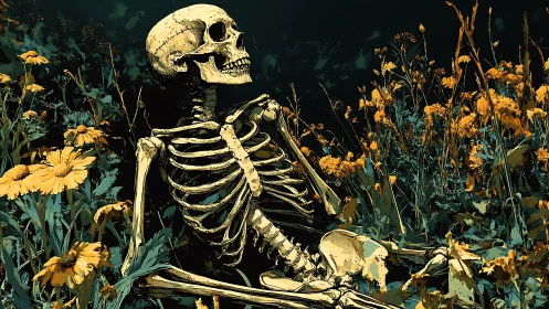 Human skeleton resting in dense yellow wildflower field.