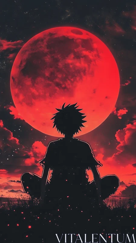 Backlit silhouette studies colossal red moon under nocturnal sky