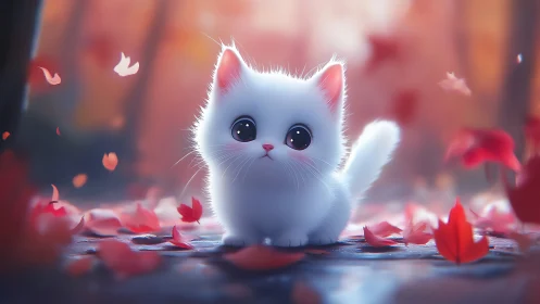 Enchanted White Kitten in a Garden of Rose Petals.