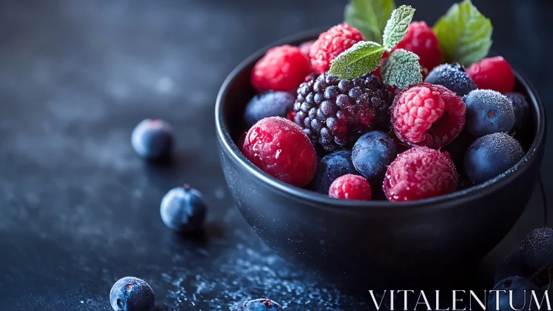 Frost-kissed berry medley glowing in a midnight-black bowl.