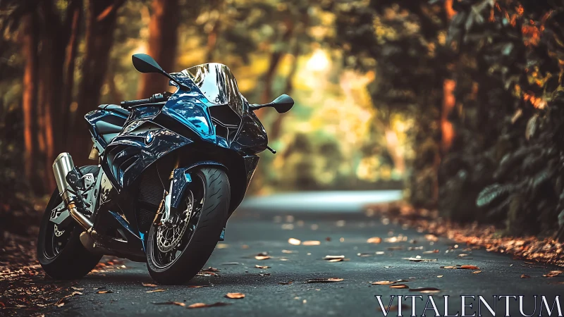 Sport motorcycle parked on sunlit forest road at dusk.