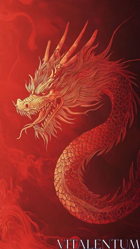 Fiery oriental dragon coils through swirling crimson smoke