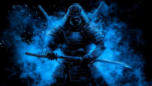 Neon blue samurai emerges from swirling digital smoke.