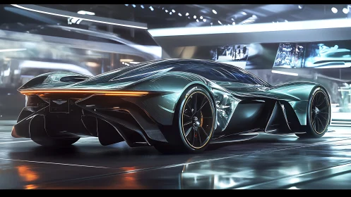 Futuristic carbon hypercar glides under cool showroom lights
