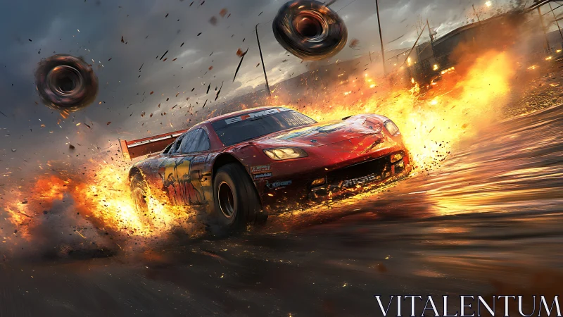 Racing car skids through fire and debris in dramatic crash.