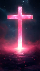 Luminous neon cross portal dominates a cosmic nightscape