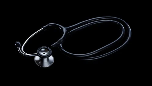 Black stethoscope on dark background, modern clinical style.