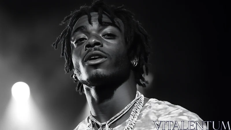 Confident performer glowing under soft monochrome lights.