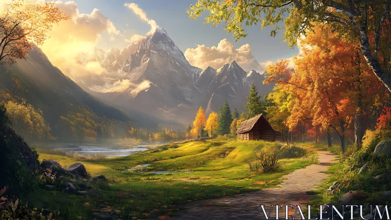 Autumn mountain valley with cabin, volumetric sunlight and aerial depth