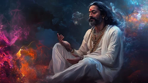 Cosmic mystic in white robes adrift between living nebulae.