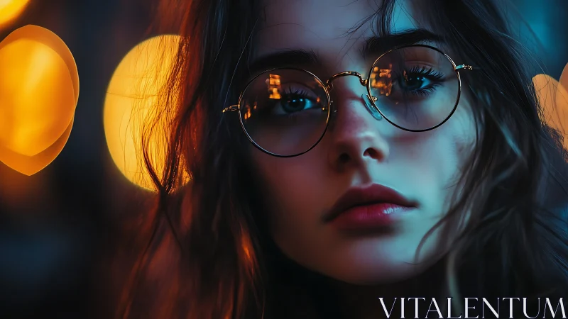 Close portrait of young woman in glasses at night.