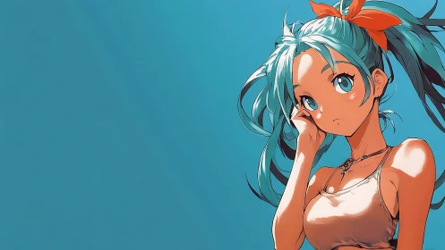 Pensive anime girl gazes into a bright, endless blue sky